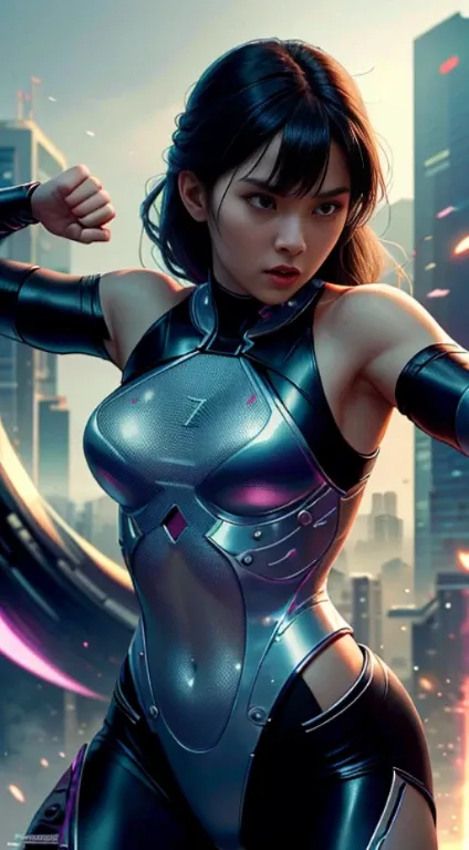 Futuristic kung fu girl，futuristic urban background，full bodyesbian，Chinese Kung Fu，Sharp eyes，Clear facial features，She was wearing a tracksuit，The body is surrounded by purple mist，Runes surround you，Martial arts action，Holographic reality，holographic ha...