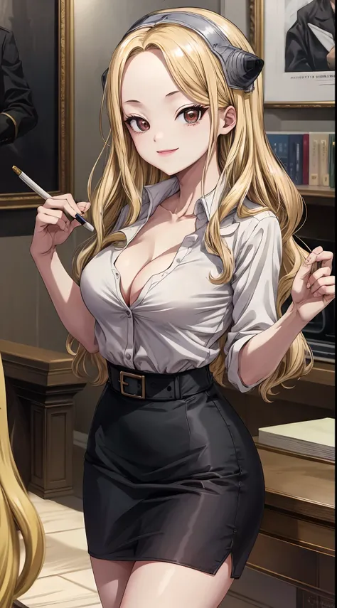 (Masterpiece), (Best Quality), highres, absurdres, best quality,
Minami, blonde, white shirt, cleavage, pencil skirt, solo focus, smile