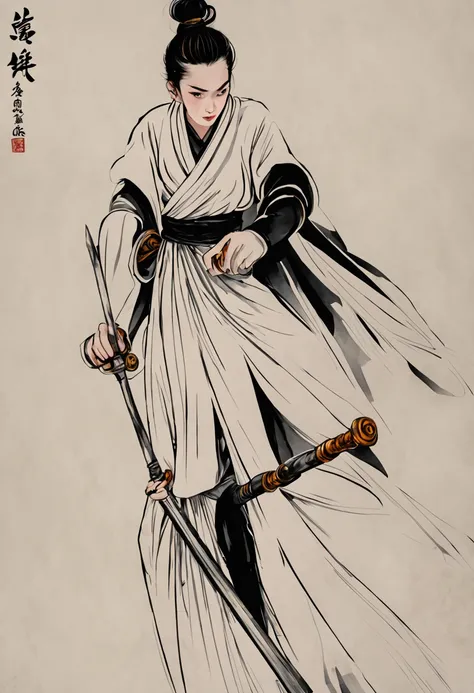 Chinese ink style，ink and watercolor painting，water ink，ink，Smudge，swordsmen，Woman，White voluminous robes，long sword