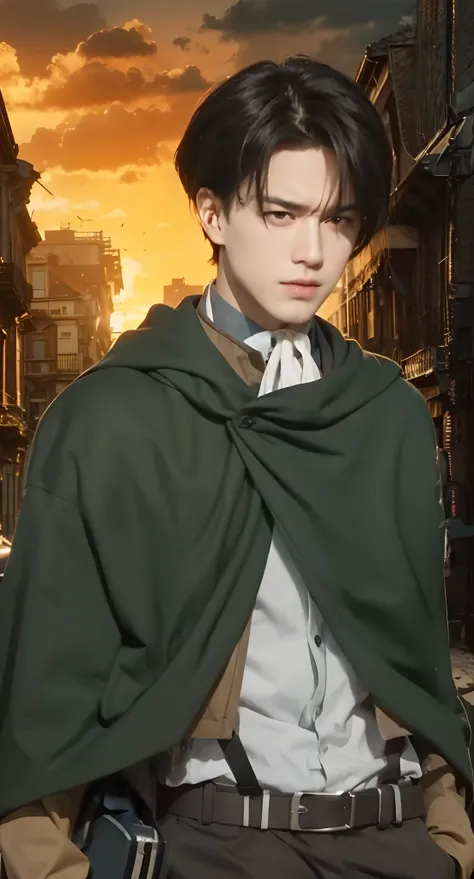 Real life adaption of this character, Handsome face,cool expression, realistic same hair, (realistic same outfit), realistic same background destroyed city, realistic light, realistic shadow, realism, hyper realistic,(photorealistic:1.2)