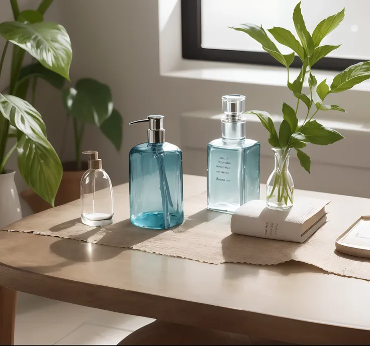 On the table next to the vase is a bottle of lotion，Inspired by Emile Lana, author：Emil Rana, inspired by Évariste Vital Luminais, Vespers Linde, Inspired by Otto Meyer-Armden, luminous body, Handsome, miniature product photo, dramatic product shot, ethere...