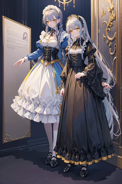 ((Best quality)), ((Masterpiece)), ((detailed)), classical Maid, blue-gray hair, braided hair, loose braid, Beautiful lace blouse, colored inner hair, fluorescent yellow eyes, gothic, red headdress, dark blue and gold corset, chaste maid, leather loafers, ...