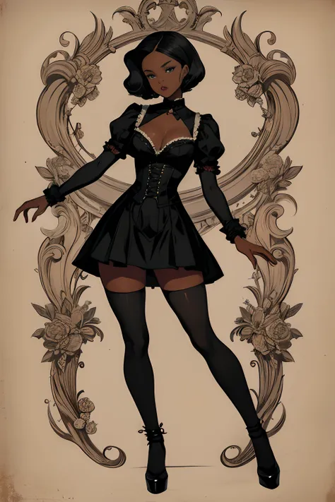 A girl, 1girl, dark skin, full body, vintage horror, 1940s, shapes, gothic, vintage, sexy, anime style, (clear background:1.0)