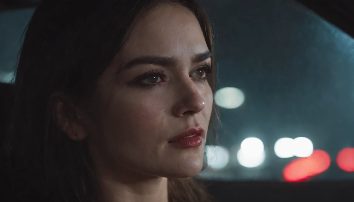 beautiful woman crying in a car at night, dripping make-up, sad woman, black make-up, nissan skyline, night lights, cyberpunk city lights, night sky, night drive, ultra detailed, photorealistic, cinematic, masterpiece.