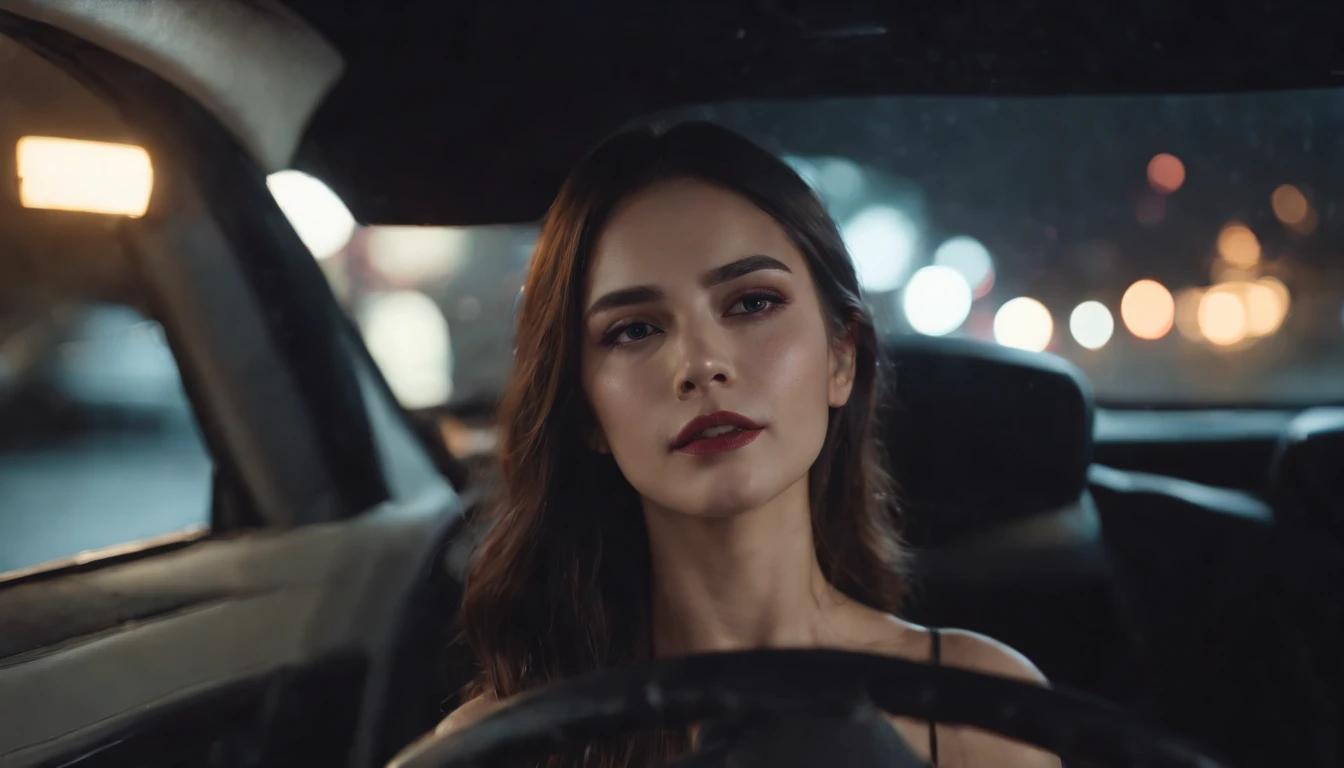 beautiful woman crying in a car at night, dripping make-up, sad woman, black make-up, nissan skyline, night lights, cyberpunk city lights, night sky, night drive, ultra detailed, photorealistic, cinematic, masterpiece.