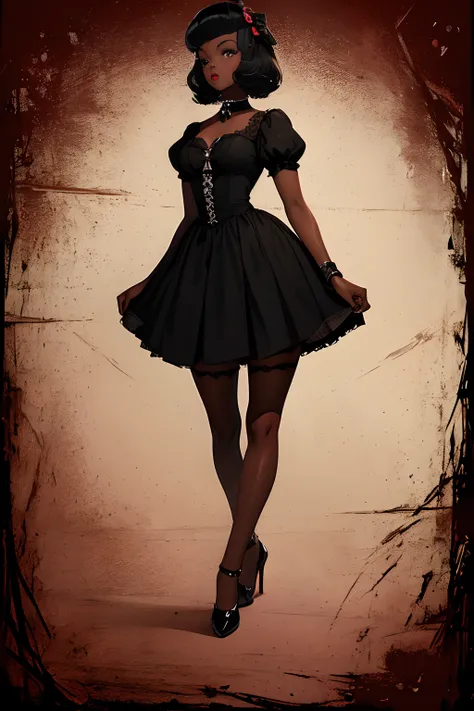 A girl, 1girl, dark skin, full body, vintage horror, 1940s, shapes, gothic, vintage, sexy, anime style, (clear background:1.0)