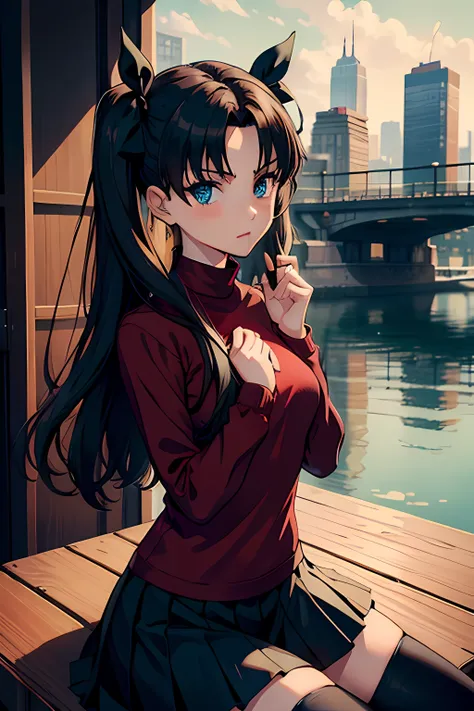 (masterpiece), best quality, expressive eyes, perfect face, 1girl, solo, rintohsaka, rin tohsaka, aqua eyes, black hair, hair ribbon, long hair, ribbon, sidelocks, two side up, black skirt, black thighhighs, long sleeves, miniskirt, pleated skirt, ((red sw...