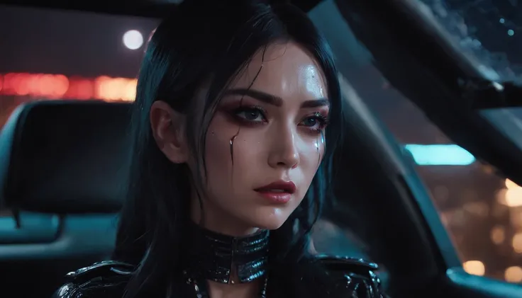 beautiful woman crying in a car at night, dripping make-up, sad woman, black make-up, nissan skyline, night lights, cyberpunk city lights, night sky, night drive, ultra detailed, photorealistic, cinematic, masterpiece.