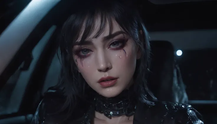 beautiful woman crying in a car at night, dripping make-up, sad woman, black make-up, nissan skyline, night lights, cyberpunk city lights, night sky, night drive, ultra detailed, photorealistic, cinematic, masterpiece.