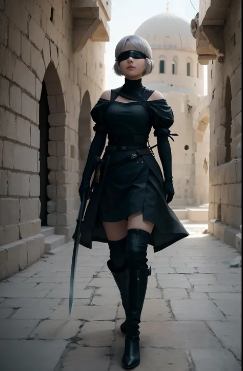 Yorha2b, mechanical body:1.5, blindfolded under the hair, grey hair, short hair, in Aleppo Citadel Syria, photorealistic, cinematic lighting, highres:1.1, best quality, masterpiece:1.3, highres, grabbing a katana sword.