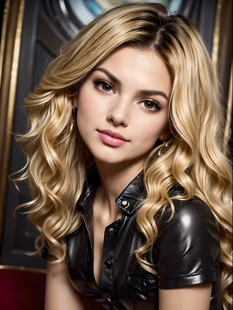 (Masterpiece),8k, ultra high quality, ((young) Victoria Justice) with (((((small)))+lips)), ((perfect+((small))+(rounded)+nose+(small+nose bridge)+((feminine))+nose)), ((blonde wavy curly hair)), ((brown))+eyes, wearing a beauitful knee-short (feminine) (b...