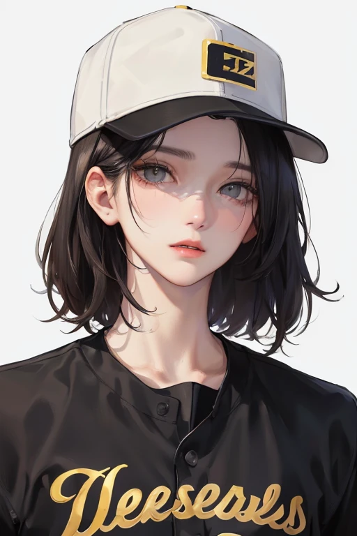 (Top resolution、Distinct_image)top-quality、femele、​masterpiece、ighly detailed、Semi-realistic、Black short hair、Dark hair、grey  eyes、bangss、21years old、Mature、年轻、Exquisite facial features、Facial features,Baseball Uniforms、Baseball Cap