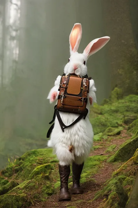 Classic negative portrait photo, Fantasy video game character concept art, A cute white fluffy rabbit，Carrying a small brown leather backpack，Take a look at the hiking map through the forest, dungeons and dragons, fantasy, River, haze, Halo, full bloom, Dr...