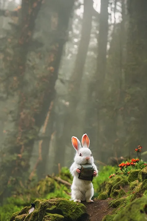 Classic negative portrait photo, Fantasy video game character concept art, A cute white fluffy rabbit，Carrying a small brown leather backpack，Take a look at the hiking map through the forest, dungeons and dragons, fantasy, River, haze, Halo, full bloom, Dr...