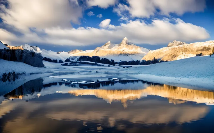 View of the mountains in winter，There are lakes and houses, snow landscape，The surface of the lake is ice，Golden Hour Light，The sky is full of color，8k，uhd，raw，The work of an international master of photography，National Geographic photography style，tmaster...