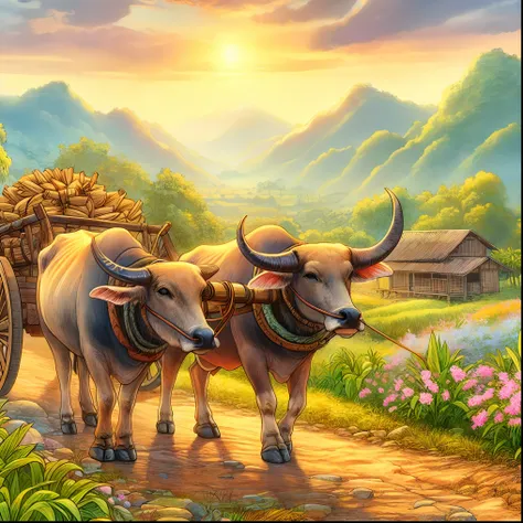 painting of two oxen pulling a cart of hay down a dirt road, background artwork, 8 k hd detailed oil painting, hd wallpaper, tha...