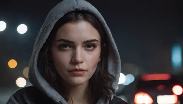 Photography of a brunette sad girl outside of her car at night, wearing a hoodie, dripping make-up, sad woman, black make-up, nissan skyline, night lights, cyberpunk city lights, night sky, night drive, raining, rain, rainy night, ultra detailed, photoreal...