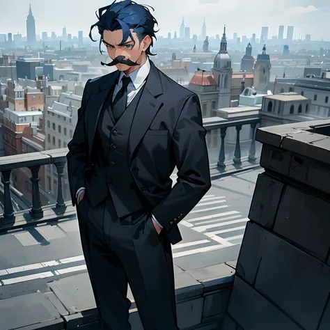 1male , London city background , detailed background , standing on street , very dark blue hair , grey eyes , mustache , wearing a black suit ,