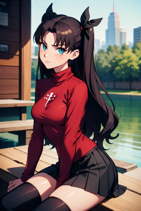 (masterpiece), best quality, expressive eyes, perfect face, 1girl, solo, rintohsaka, rin tohsaka, aqua eyes, black hair, hair ribbon, long hair, ribbon, sidelocks, two side up, black skirt, black thighhighs, long sleeves, miniskirt, pleated skirt, ((red sw...