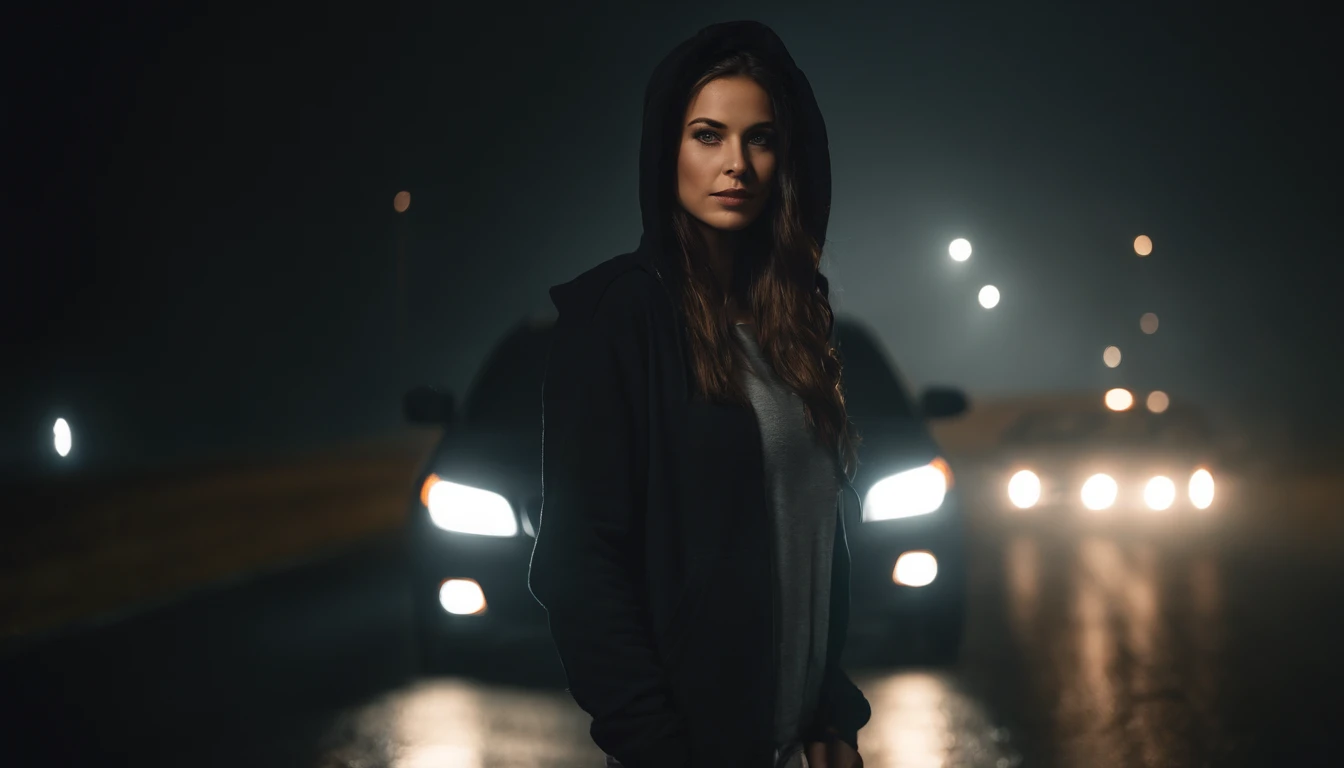 Photography of a brunette girl standing next to her car at night, wearing a hoodie, foggy road, foggy night, cinematic, ultra detailed.