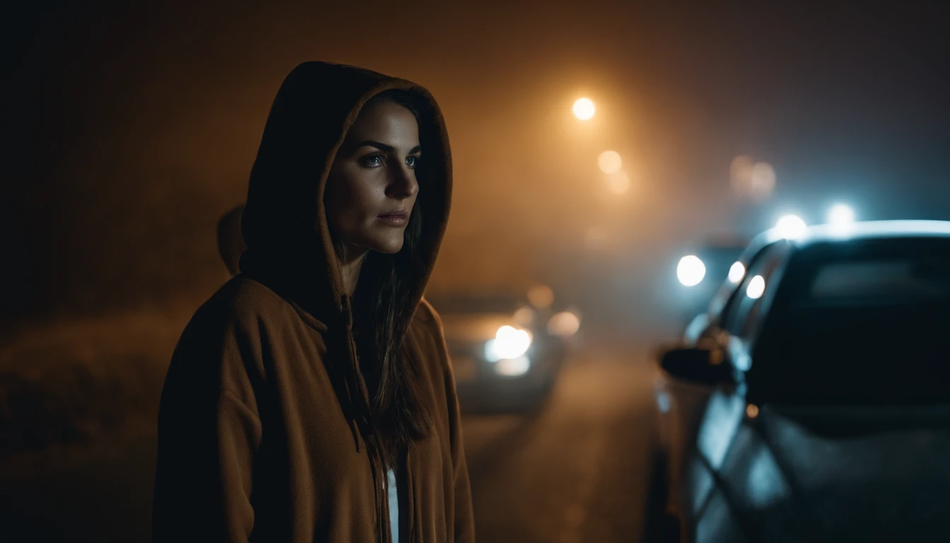 Photography of a brunette girl standing next to her car at night, wearing a hoodie, foggy road, foggy night, cinematic, ultra detailed.