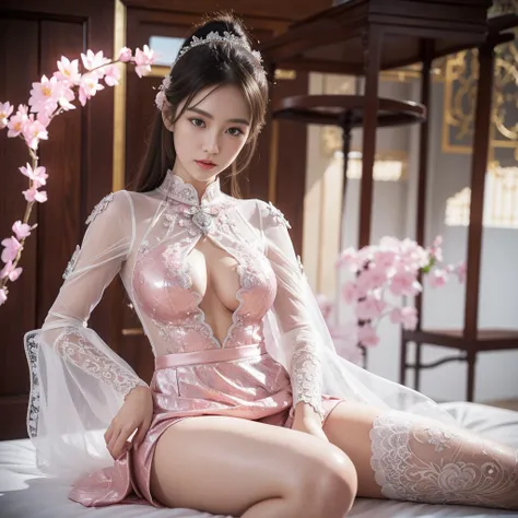 Sexy woman in white gold and pink lotus lace armor dress, chengwei pan on artstation, by Yang J, detailed fantasy art, Stunning character art, Fanart Meilleure ArtStation, epic exquisite  character art, Transparent clothes，Less armor，Beautiful armor, Extre...