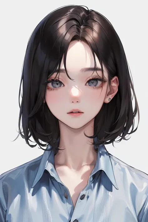 (Top resolution、Distinct_image)top-quality、femele、​masterpiece、ighly detailed、Semi-realistic、Black short hair、Dark hair、grey  eyes、bangss、21years old、Mature、年轻、Button-up shirt、Exquisite facial features、Facial features,parka