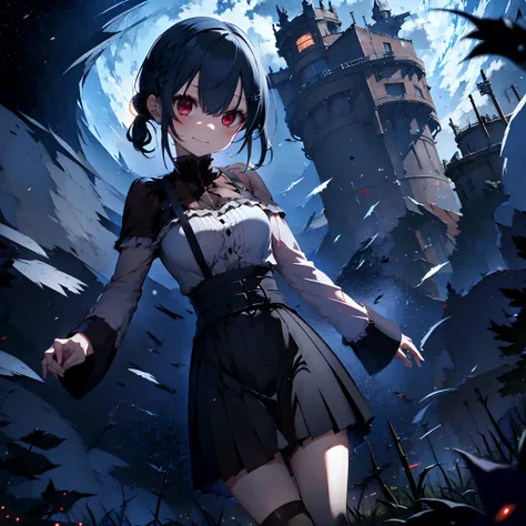 1 girl, solo, Hakase_Fuyuki, aberrant colours, dystopian world, medieval gothic, frilled gothic dress, short sleeves dress, 1 piece gothic dress with long skirt, black hair with grey tips, cute hair accessory, sidebangs, long hair, heterochromia, hair betw...