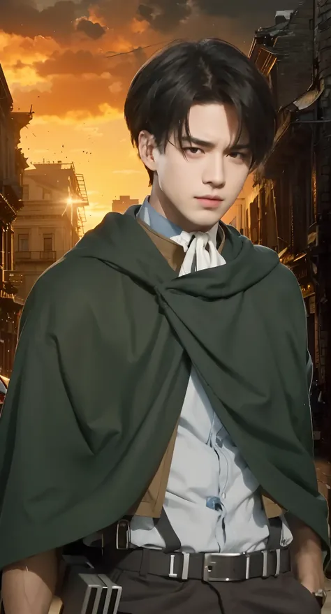 Real life adaption of this character, Handsome face,cool expression, realistic same hair, (realistic same outfit), realistic same background destroyed city, realistic light, realistic shadow, realism, hyper realistic,(photorealistic:1.2)