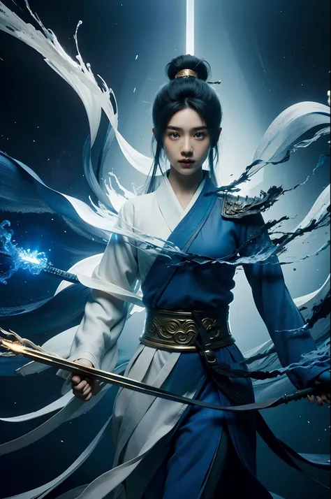 Mulan wearing a mask, Mulan without a mask, Black-haired Mulan，White-haired Mulan，Mulan with blue glowing eyes，Mulan with green glowing eyes, Mulan in blue armor，Mulan in golden armor，Golden sword, Silver sword, 1 Mulan, Solo, (Photorealistic:1.1), Ancient...