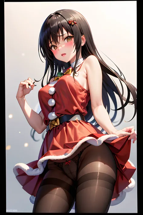 Best Quality, masutepiece, Portrait, , 1girl in, Kotegawa Yui, Black hair, Long hair, Long bangs, Brown eyes, medium udder, ((chies)), Looking at Viewer, embarassed expression,Photo from below、((Santa Claus clothes))、((pantyhose))、((Show panties))、((Long s...