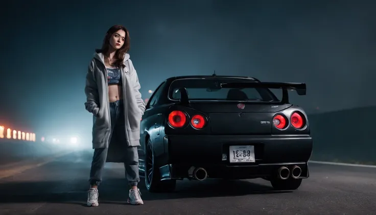 Photography of a girl standing next to her car (Nissan skyline R34) at night, wearing a hoodie, foggy road, desolated road, cold lights, foggy night, cinematic, ultra detailed.