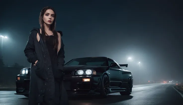 Photography of a girl standing next to her car (Nissan skyline R34) at night, wearing a hoodie, foggy road, desolated road, cold lights, foggy night, cinematic, ultra detailed.