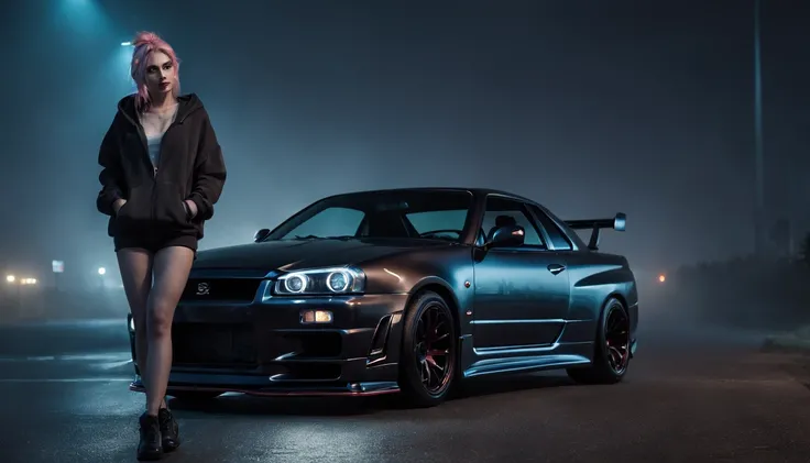 Photography of a girl standing next to her car (Nissan skyline R34) at night, wearing a hoodie, foggy road, desolated road, cold lights, foggy night, cinematic, ultra detailed.