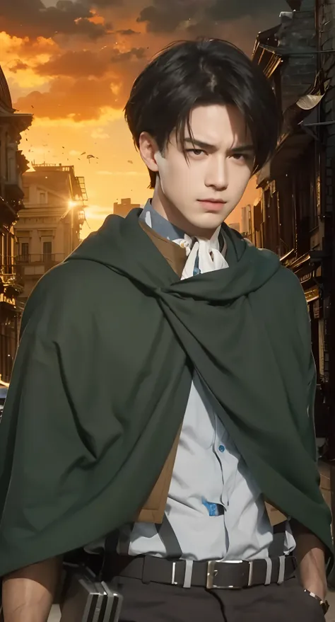 Real life adaption of this character, Handsome face,cool expression, realistic same hair, (realistic same outfit), realistic same background destroyed city, realistic light, realistic shadow, realism, hyper realistic,(photorealistic:1.2)