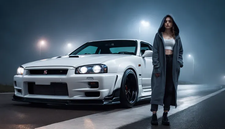 Photography of a girl standing outside her car (white Nissan skyline R34) at night, wearing a hoodie, foggy road, desolated road, cold lights, foggy night, cinematic, ultra detailed.