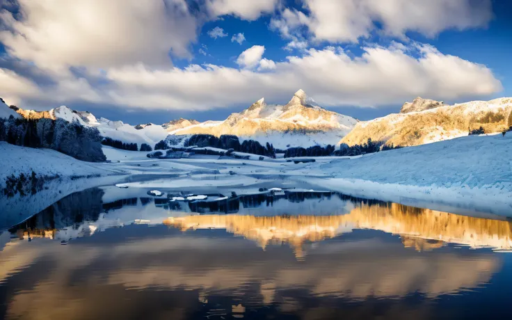 View of the mountains in winter，There are lakes and houses, snow landscape，The surface of the lake is ice，Golden Hour Light，The sky is full of color，8k，uhd，raw，The work of an international master of photography，National Geographic photography style，tmaster...