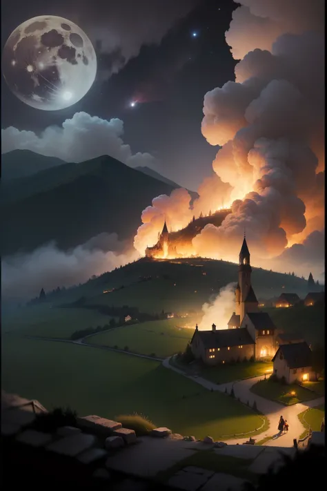 Small medieval village seen from above in the distance over a ravine medieval village between the mountains being destroyed and abandoned small medieval village among the mountains seen from a ravine in the distance being massacred and set on fire smoke cl...