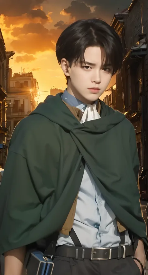 Real life adaption of this character, teen face,cool expression, realistic same hair, (realistic same outfit), realistic same background destroyed city, realistic light, realistic shadow, realism, hyper realistic,(photorealistic:1.2)