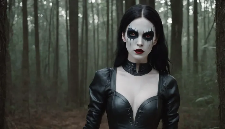 Theres a pale white skin demon woman dressed in black leather leotard with black metal make-up in a dark forest, horror movie, ultra detailed, photorealistic, masterpiece.