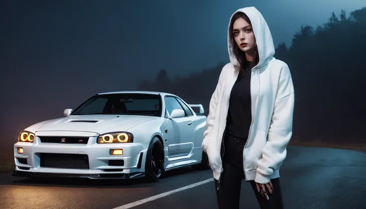 Photography of a girl standing outside her car (white Nissan skyline R34) at night, wearing a black hoodie, foggy road, desolated road, cold lights, foggy night, cinematic, ultra detailed.