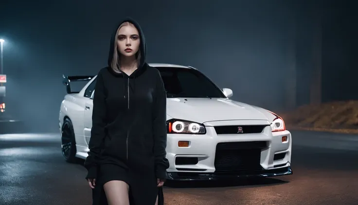 Photography of a girl standing outside her car (white Nissan skyline R34) at night, wearing a black hoodie, foggy road, desolated road, cold lights, foggy night, cinematic, ultra detailed.