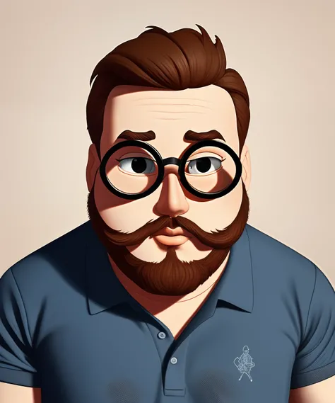 Crie uma arte pixar de um rapaz rosto gordinho de barba com oculos e uma camisa polo laranja escrito SWIFT