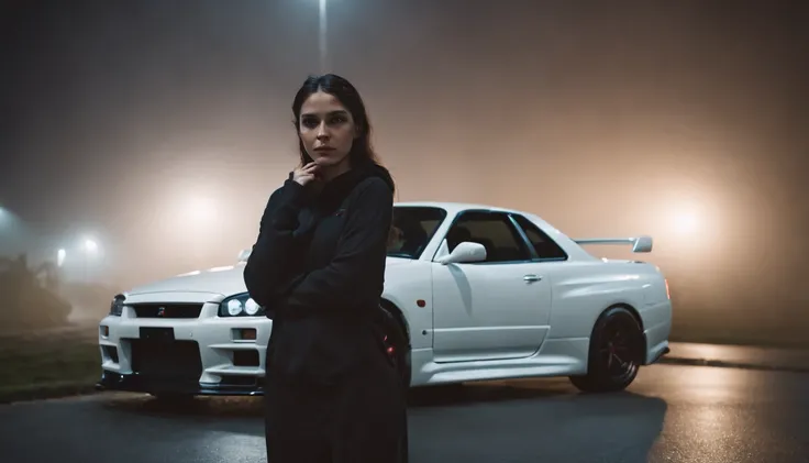 Photography of a girl standing outside her car (white Nissan skyline R34) at night, wearing a black hoodie, foggy road, desolated road, cold lights, foggy night, cinematic, ultra detailed.