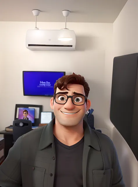 Uma capa de filme ao estilo Disney, man with glasses, homeoffice