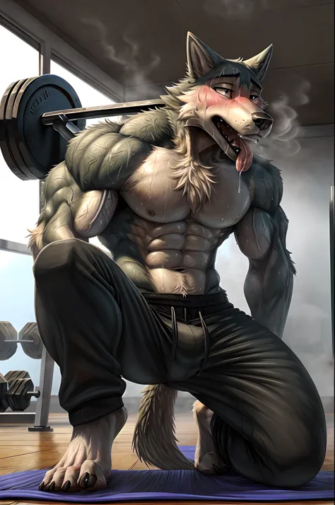 ((solo)), anthro wolf (lora; legoshi), adult, slim:0.5, dense muscles, athletic (super strong:1.4), (correct anatomy:)1.2, (ripped body):1.0, (detailed fur texture:1.3), background (gym:1.3), (black sweatpants (bulge:0.6)), (bare torso), bare feet, (detail...