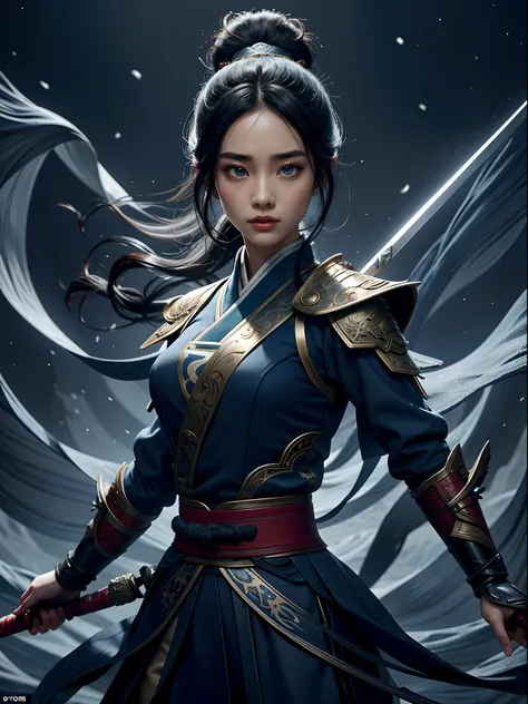 Glowing, two tone color hair, Glowing eyes, Mulan composed of red light, Mulan made up of black smoke, Black-haired Mulan，White-haired Mulan，Mulan with blue eyes glowing，Mulan，The eyes are green, Mulan in dark blue armor，Mulan in golden armor，a 3D render (...