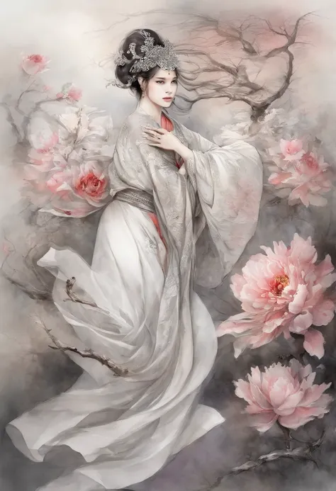 Chinese ink style，ink and watercolor painting，water ink，ink，Smudge，swordsmen，Woman，White voluminous robes，long sword，long whitr hair，（（（Blue-purple lot））），（（peony flowers a lot）），（（vine）），（（leafs）），（（complex picture）），（（（Meticulous portrayal））），（（（Delicate...