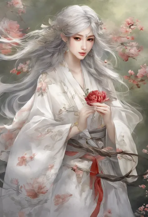 Chinese ink style，ink and watercolor painting，water ink，ink，Smudge，swordsmen，Woman，White voluminous robes，long sword，long whitr hair，（（（Blue-purple lot））），（（peony flowers a lot）），（（vine）），（（leafs）），（（complex picture）），（（（Meticulous portrayal））），（（（Delicate...