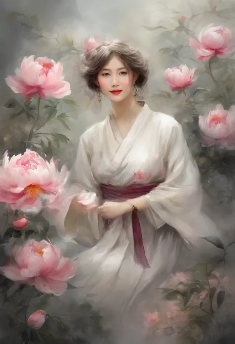 Chinese ink style，ink and watercolor painting，water ink，ink，Smudge，swordsmen，Woman，White voluminous robes，long sword，long whitr hair，（（（Blue-purple lot））），（（peony flowers a lot）），（（vine）），（（leafs）），（（complex picture）），（（（Meticulous portrayal））），（（（Delicate...